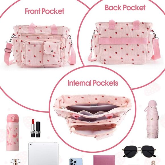 Strawberry Tote Bag Bow Bag With Multi Pocket Women Girls Crossbody Corduroy Han - Picture 5 of 7